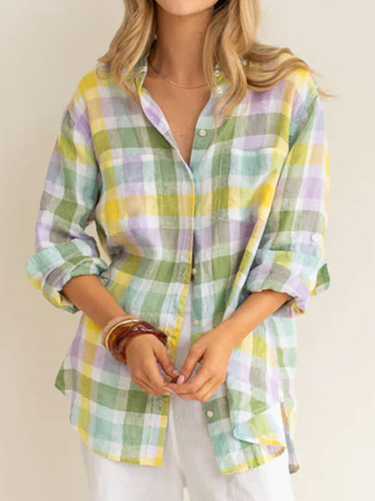 Image of Shirts. Productname: HUT PLAID LINEN BOYFRIEND SHIRT in Summer Days colour by brand - Hut&Co