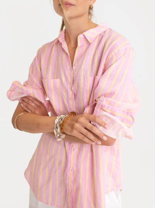 Image of a model wearing Tops. Product name - Hut Stripe Boyfriend Shirt in Lemon Drop Stripe colour by brand - Hut&Co