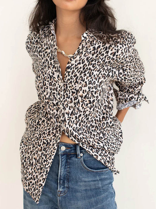 Image of Shirts. Productname: HUT LEOPARD LINEN BOYFRIEND SHIRT in Leopard colour by brand - Hut&Co