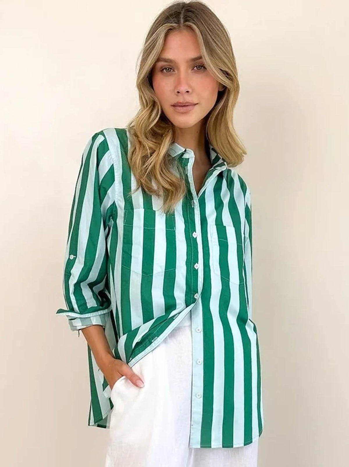 Image of a model wearing Tops. Product name - Hut Let'S Go Somewhere Shirt in Green Pale Blue Stripe colour by brand - Hut&Co
