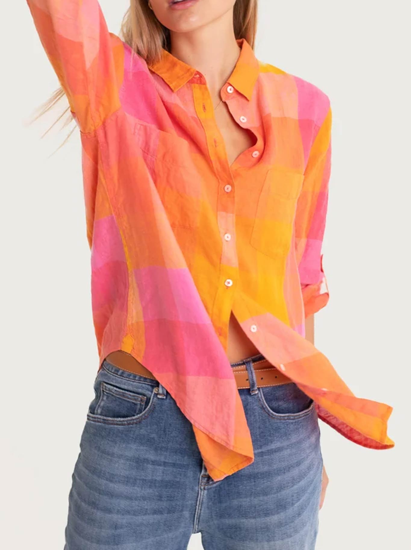 Image of a model wearing Tops. Product name - HUT CHECK BOYFRIEND SHIRT in Lets Hang Out colour by brand - Hut&Co