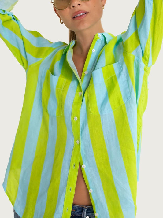 Image of a model wearing Tops. Product name - HUT STRIPE LINEN BOYFRIEND SHIRT in Lunch With Me Stripe colour by brand - Hut&Co