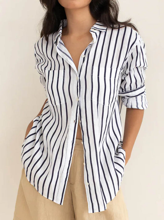 Image of a model wearing Tops. Product name - HUT STRIPE LINEN BOYFRIEND SHIRT in Bermuda colour by brand - Hut&Co