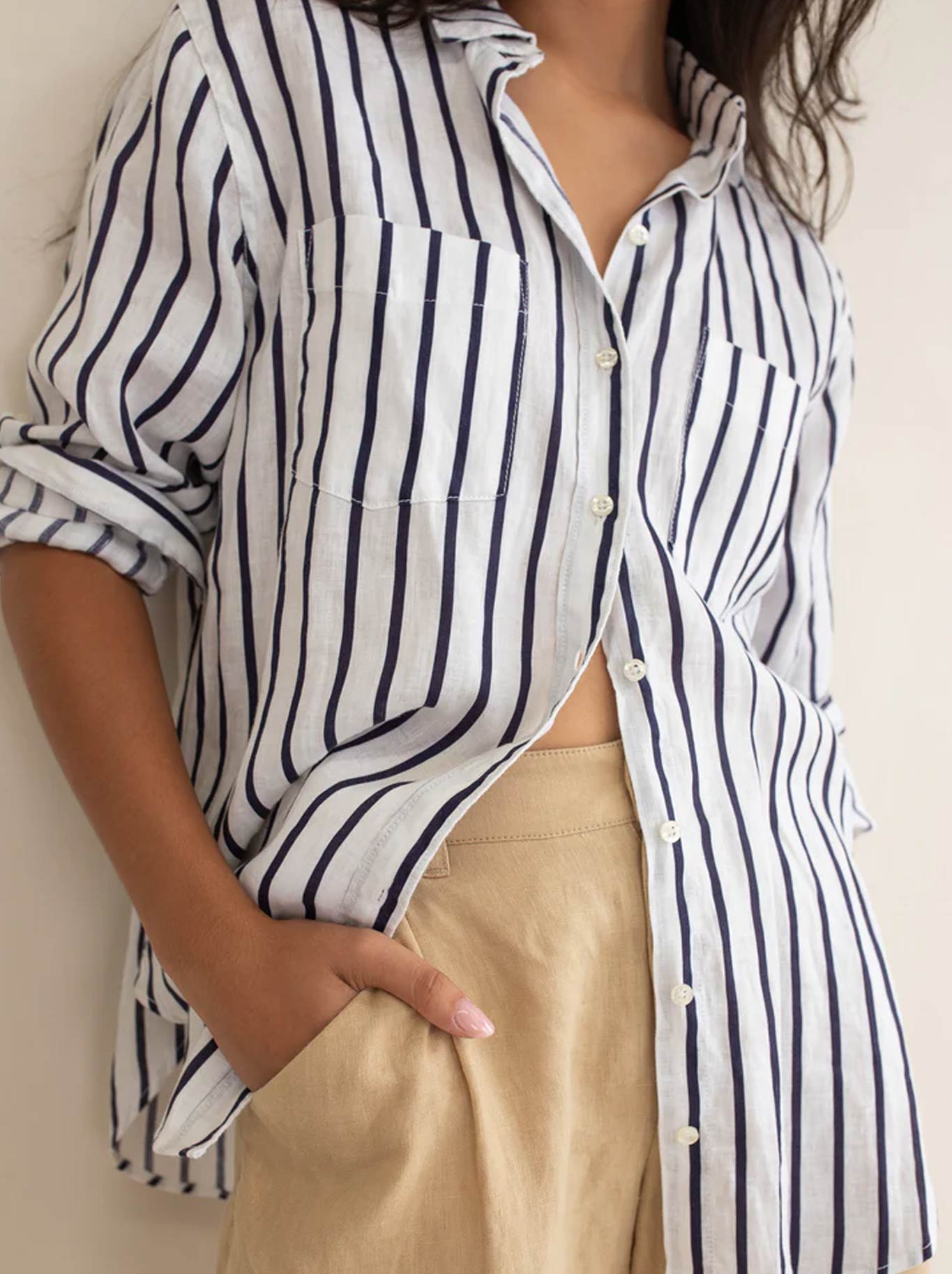Hut Stripe Linen Boyfriend Shirt (Luxe Latte)