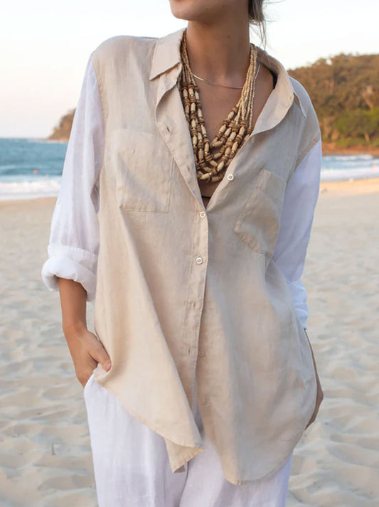 Image of a model wearing Tops. Product name - HUT CONTRAST SLEEVE LINEN SHIRT in Sandy Splash colour by brand - Hut&Co