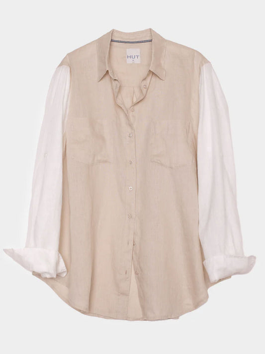 HUT CONTRAST SLEEVE LINEN SHIRT (Sandy Splash)