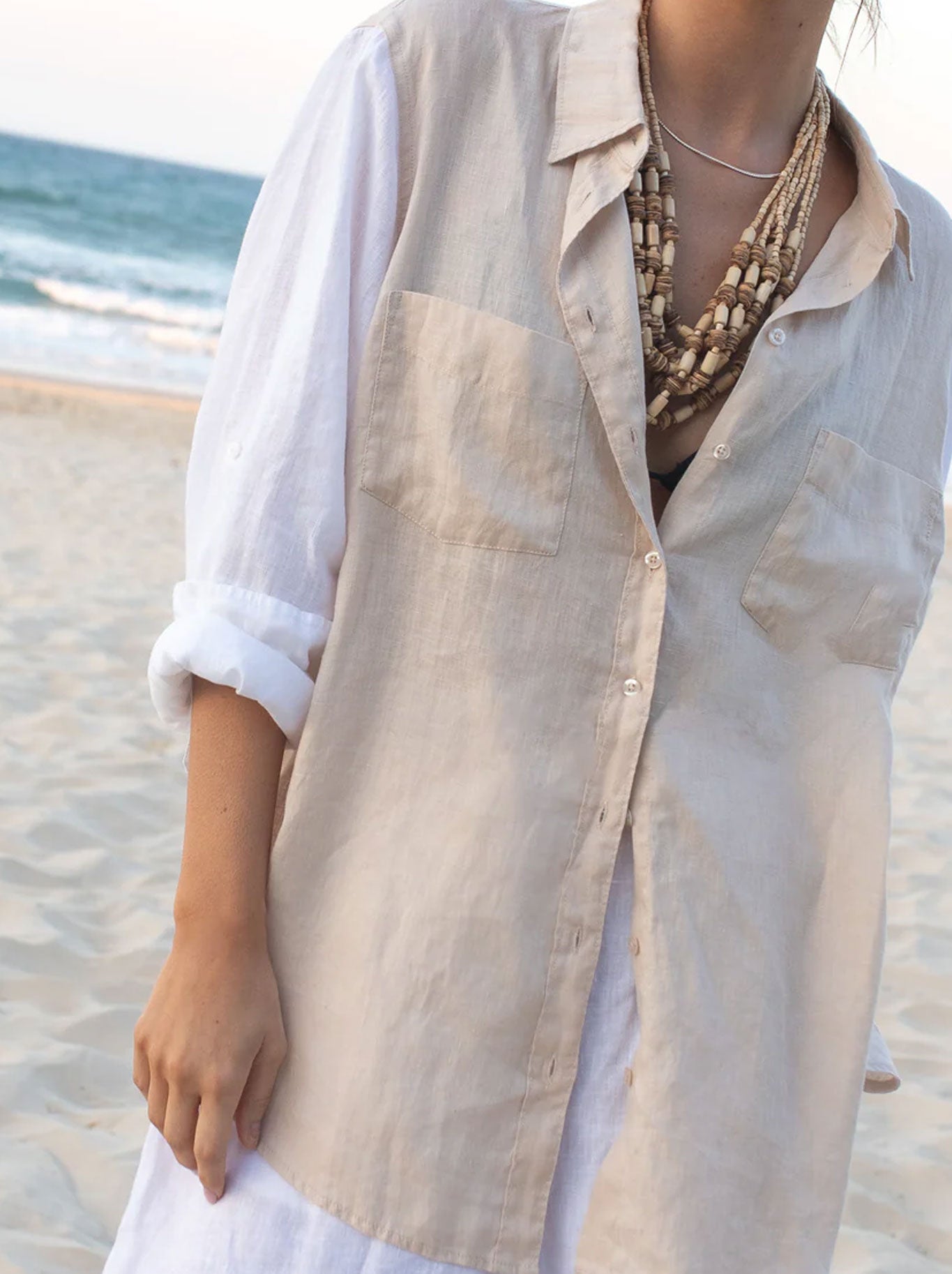 HUT CONTRAST SLEEVE LINEN SHIRT (Sandy Splash)