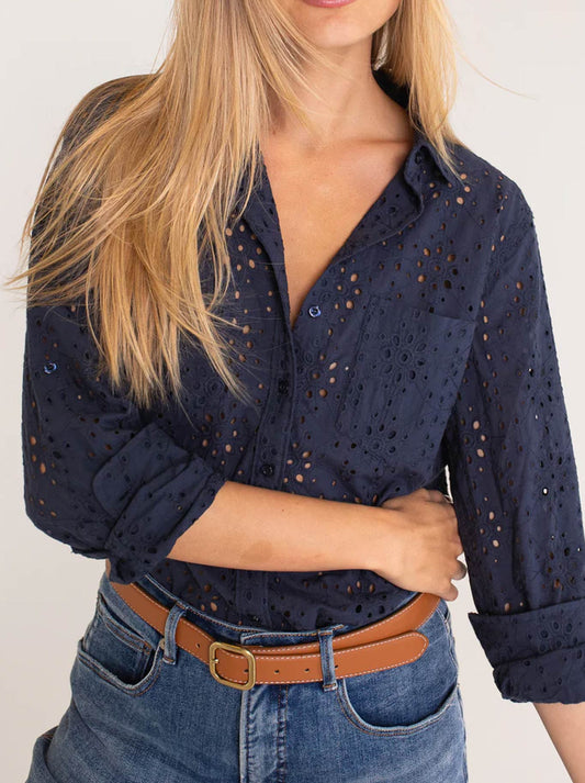 Image of a model wearing Tops. Product name - HUT THE BRODERIE SHIRT in Navy colour by brand - Hut&Co
