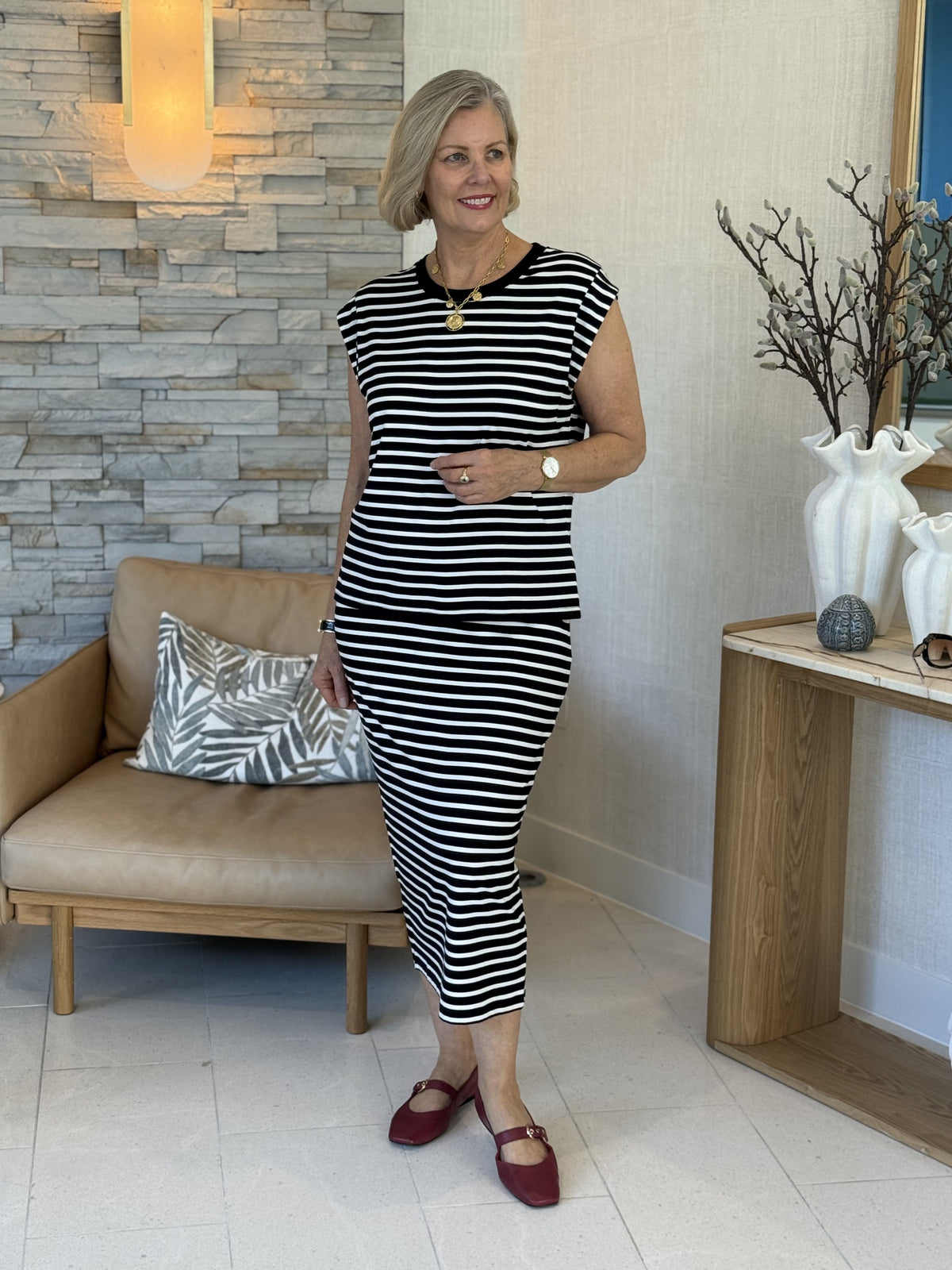 Lou Lou Donna Cap Sleeve Bamboo Tee (Black & White Stripe)