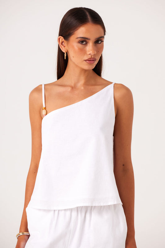 Image of a model wearing Tops. Productname: SNDYS ISMENE TOP in White colour by brand - SNDYS
