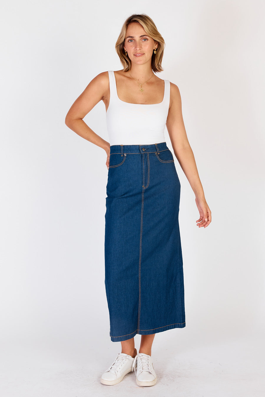 Image of a model wearing Skirts. Productname: IBSA Durango Maxi Skirt Dark in Dark colour by brand - I.B.S.A