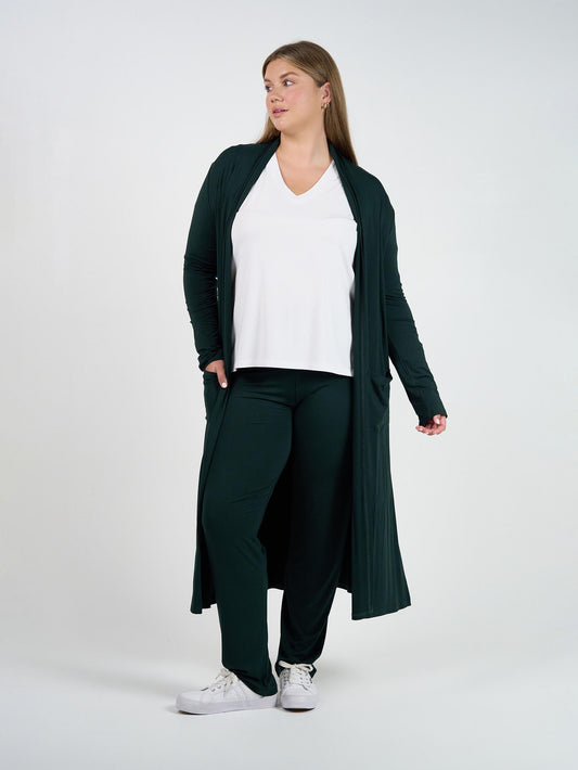 Image of Cardigans. Product name - Bamboo Longline Pocket Cardigan Dark Green in Dark Green colour by brand - Lou Lou