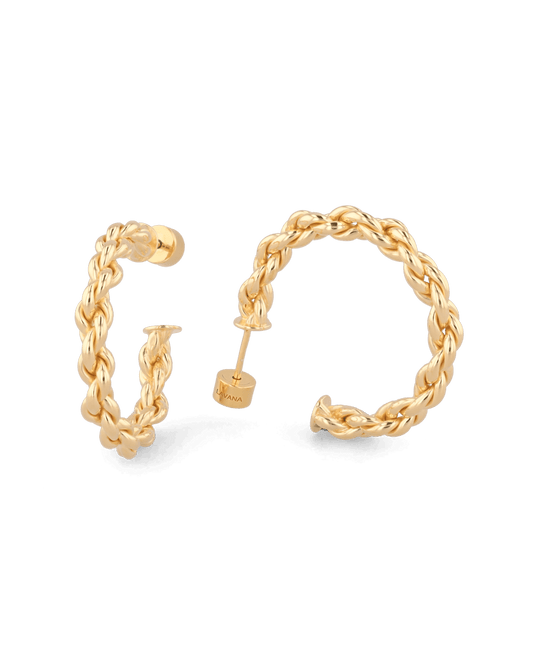 Image of Earrings. Product name - Interlace Gold Hoop Earrings in colour by brand - LAVANA