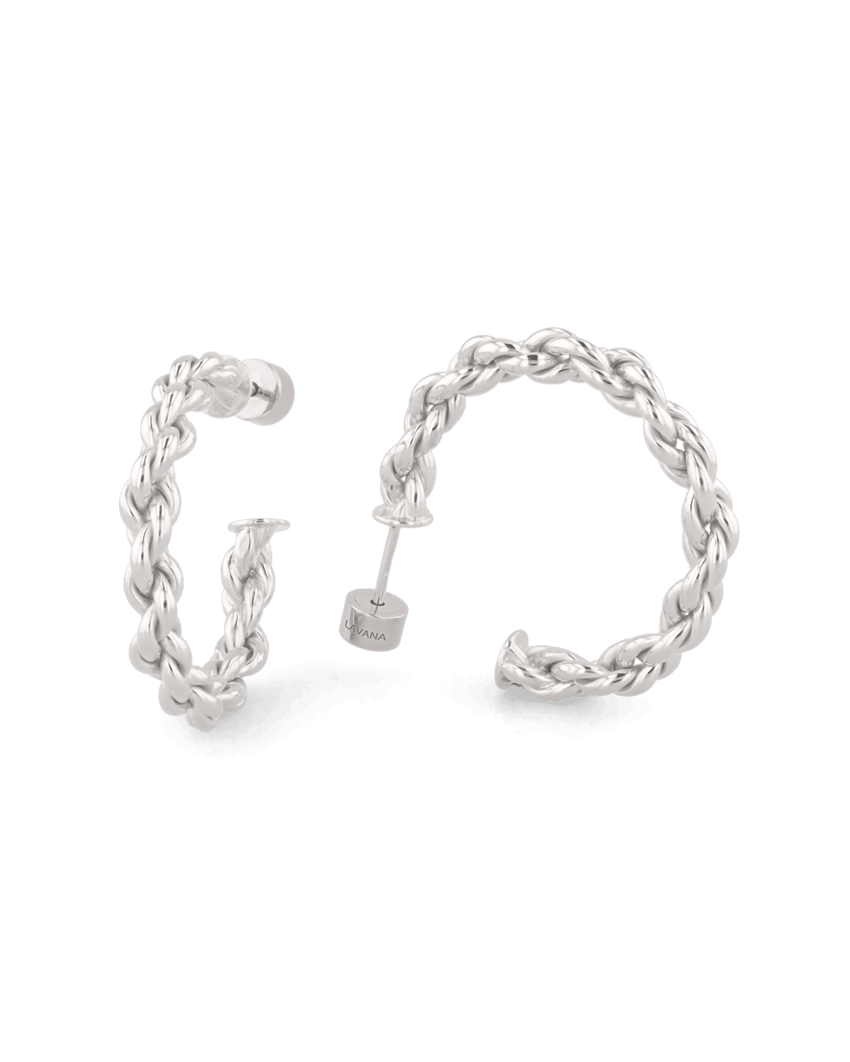 Image of Earrings. Product name - Interlace Silver Hoop Earrings in colour by brand - LAVANA