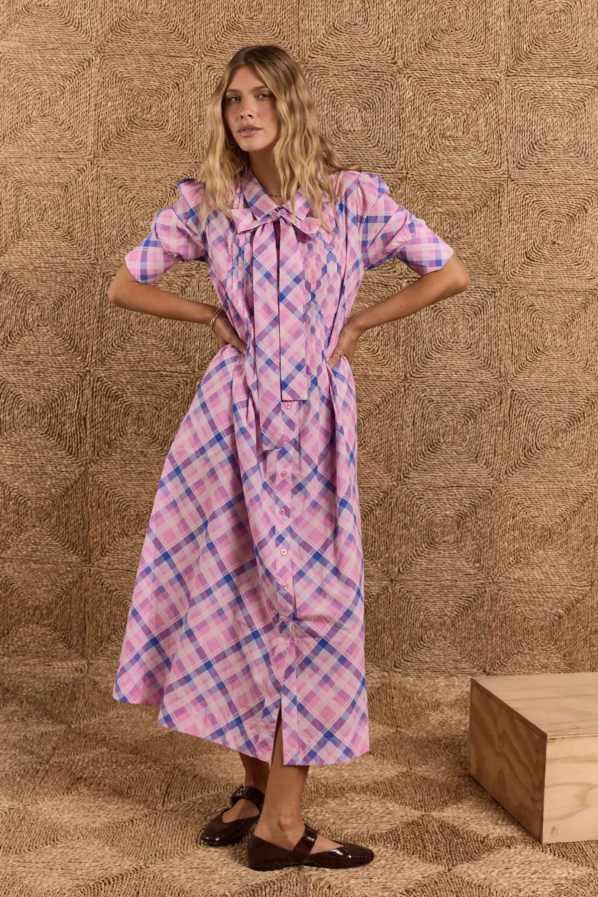 Image of Dresses. Product name - Itami Check Ruched Midi Pink in Pink colour by brand - Itami Division
