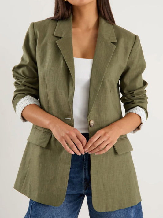 Image of a model wearing Outerwear. Productname: Ivy & Jack Dock Ramie Blazer in Khaki colour by brand - Ivy & Jack