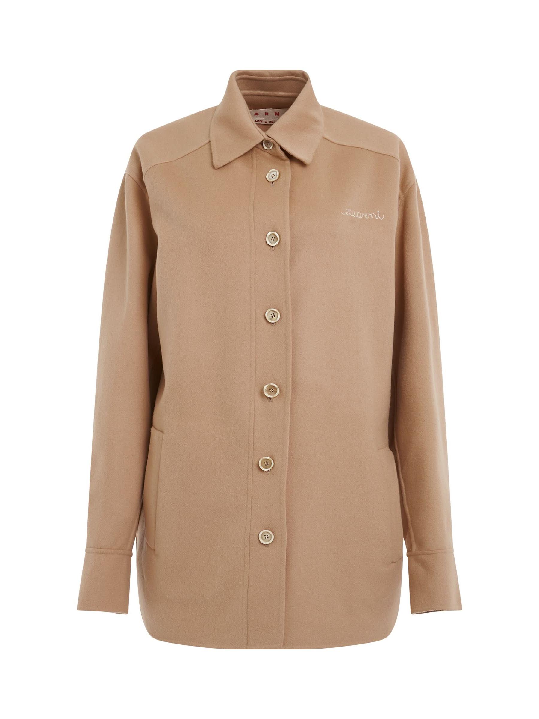 Image of a model wearing Outerwear. Productname: MARNI Logo Embroidered Buttoned Overshirt in Light Camel colour by brand - MARNI