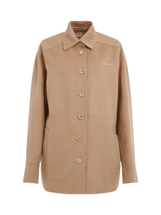 Image of a model wearing Outerwear. Productname: MARNI Logo Embroidered Buttoned Overshirt in Light Camel colour by brand - MARNI
