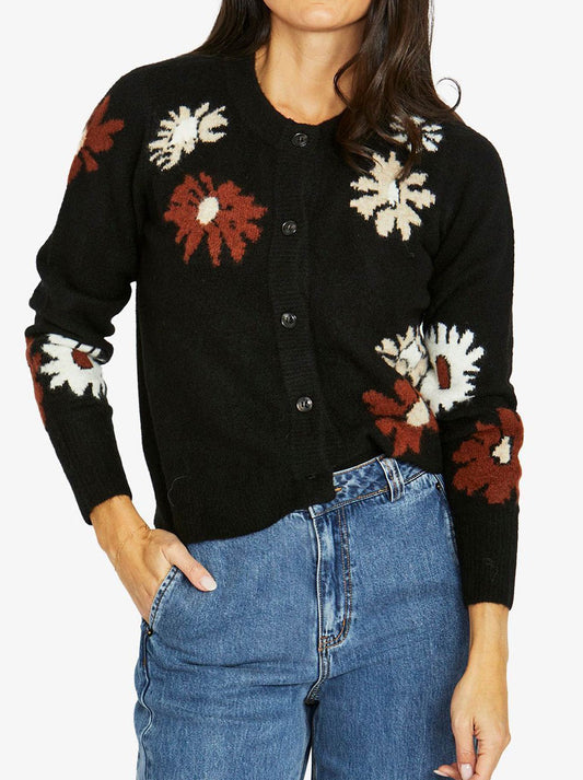 Image of a model wearing Outerwear. Product name - JUMP DAISY CARDIGAN in Black Combo colour by brand - Jump