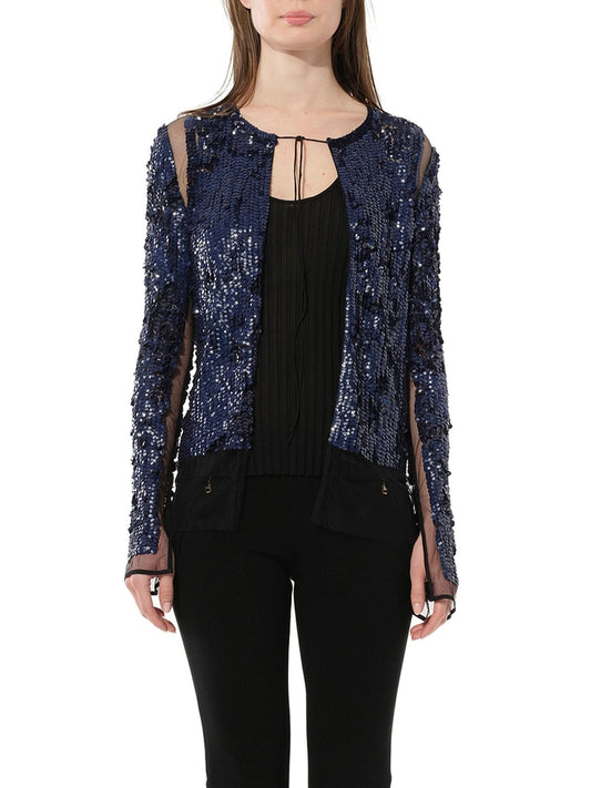 Image of a model wearing Outerwear. Productname: PUCCI Jacket in Blue Sequin colour by brand - PUCCI