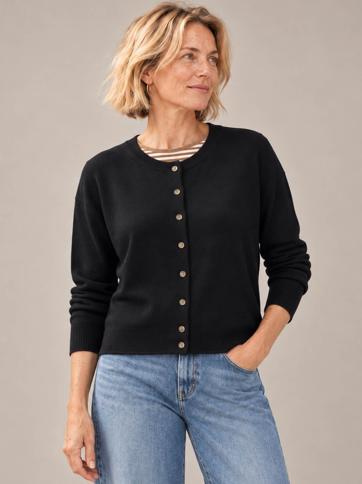 Image of a model wearing Outerwear. Product name - James Melbourne Perfect Cardi in Black colour by brand - James Melbourne