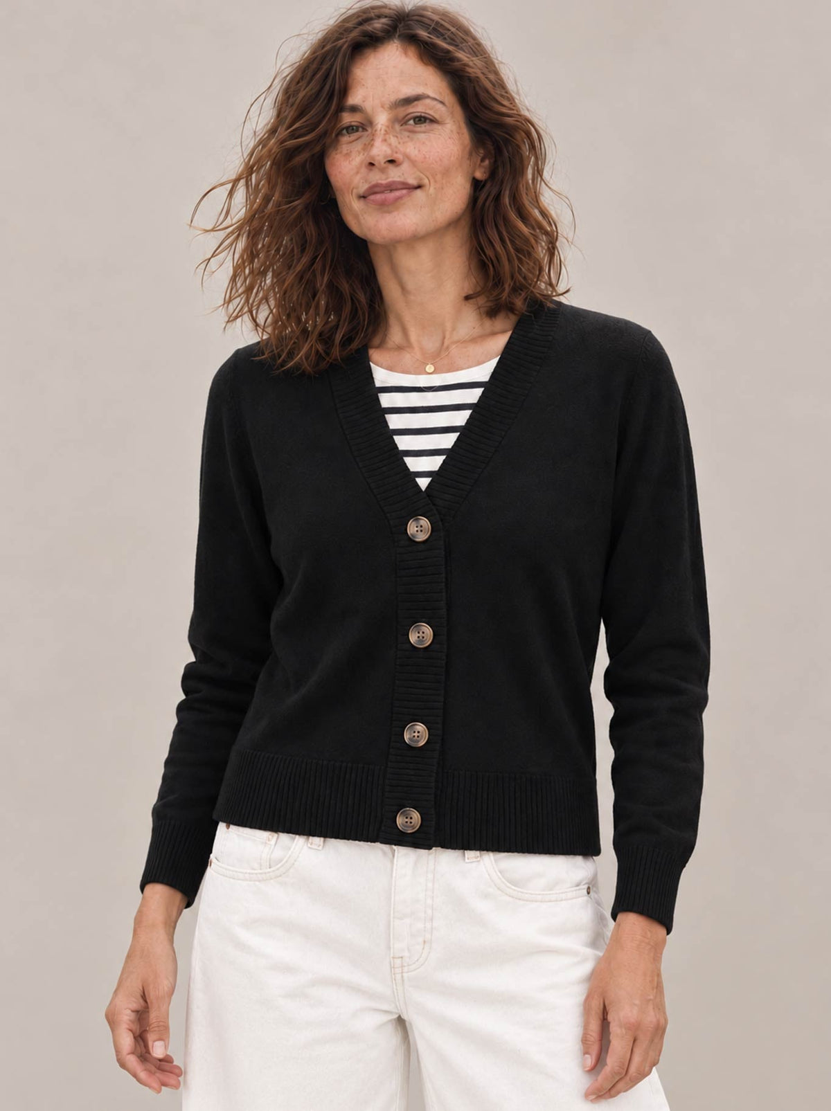 Image of a model wearing Outerwear. Product name - James Melbourne V Button Cardi in Black colour by brand - James Melbourne