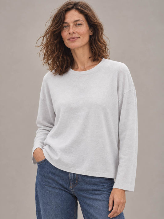 Image of a model wearing Outerwear. Product name - JAMES MELBOURNE BOXY RELAXED PULLOVER in Cloud colour by brand - James Melbourne