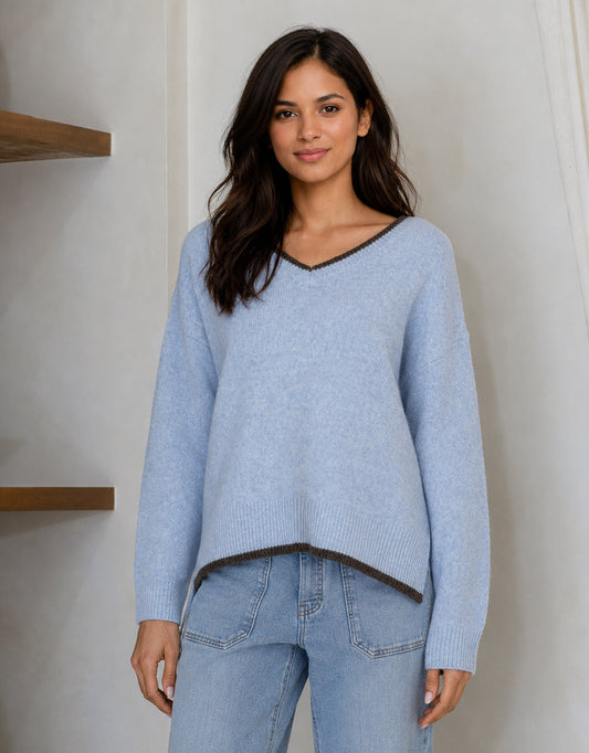 Image of a model wearing Outerwear. Product name - Jamie Contrast V Neck Knit Blue/Choc in Blue/Choc colour by brand - 132 Fashion