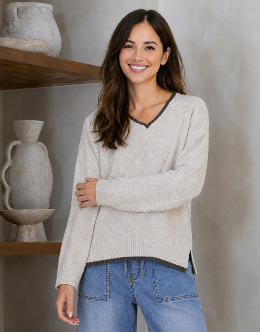 Image of a model wearing Outerwear. Product name - Jamie Contrast V Neck Knit Latte/Choc in Latte/Choc colour by brand - 132 Fashion