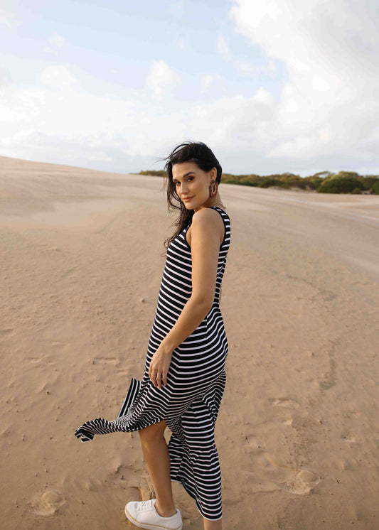 Lou Lou Janet Sleeveless Bamboo Maxi Dress (Black & White Stripe)