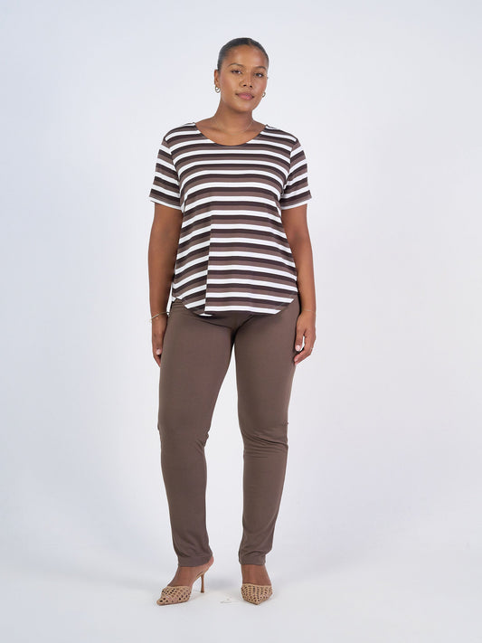 Image of a model wearing Tops. Product name - Janis Short Sleeve Bamboo T-Shirt Brown Stripe in Brown Stripe colour by brand - Lou Lou