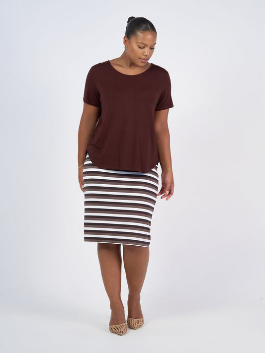 Image of a model wearing Tops. Product name - Janis Short Sleeve Bamboo T-Shirt Burgundy in Burgundy colour by brand - Lou Lou