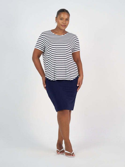 Image of a model wearing Tops. Product name - Janis Short Sleeve Bamboo T-Shirt Navy & White Stripe in Navy & White Stripe colour by brand - Lou Lou