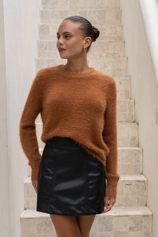 Image of a model wearing Tops. Productname: Heychic Jase Fluffy Knit Sweater in Brown colour by brand - Heychic