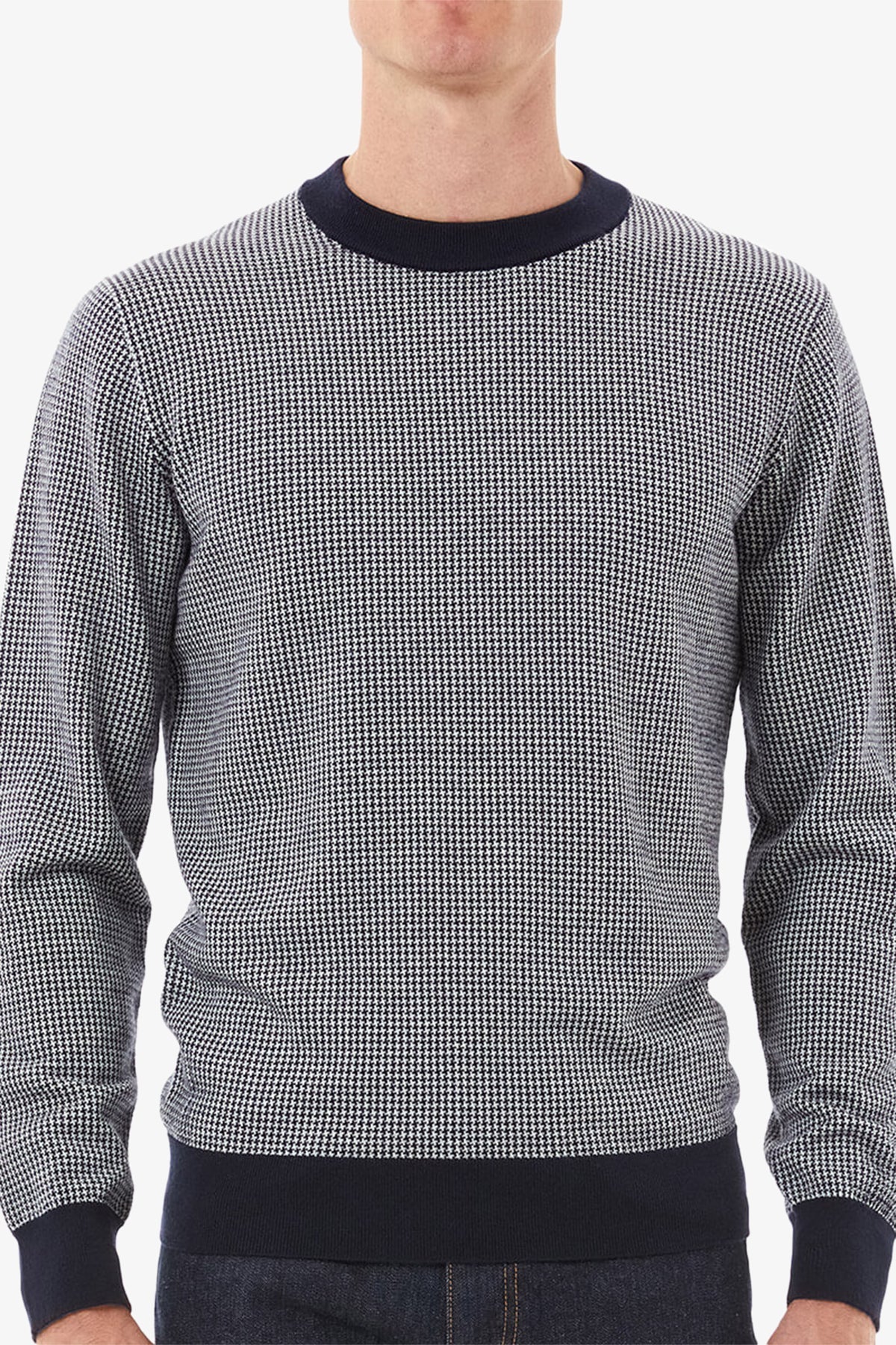Image of a model wearing Tops. Product name - Jaylin Navy Crewneck Knit in Navy colour by brand - Anthony Squires
