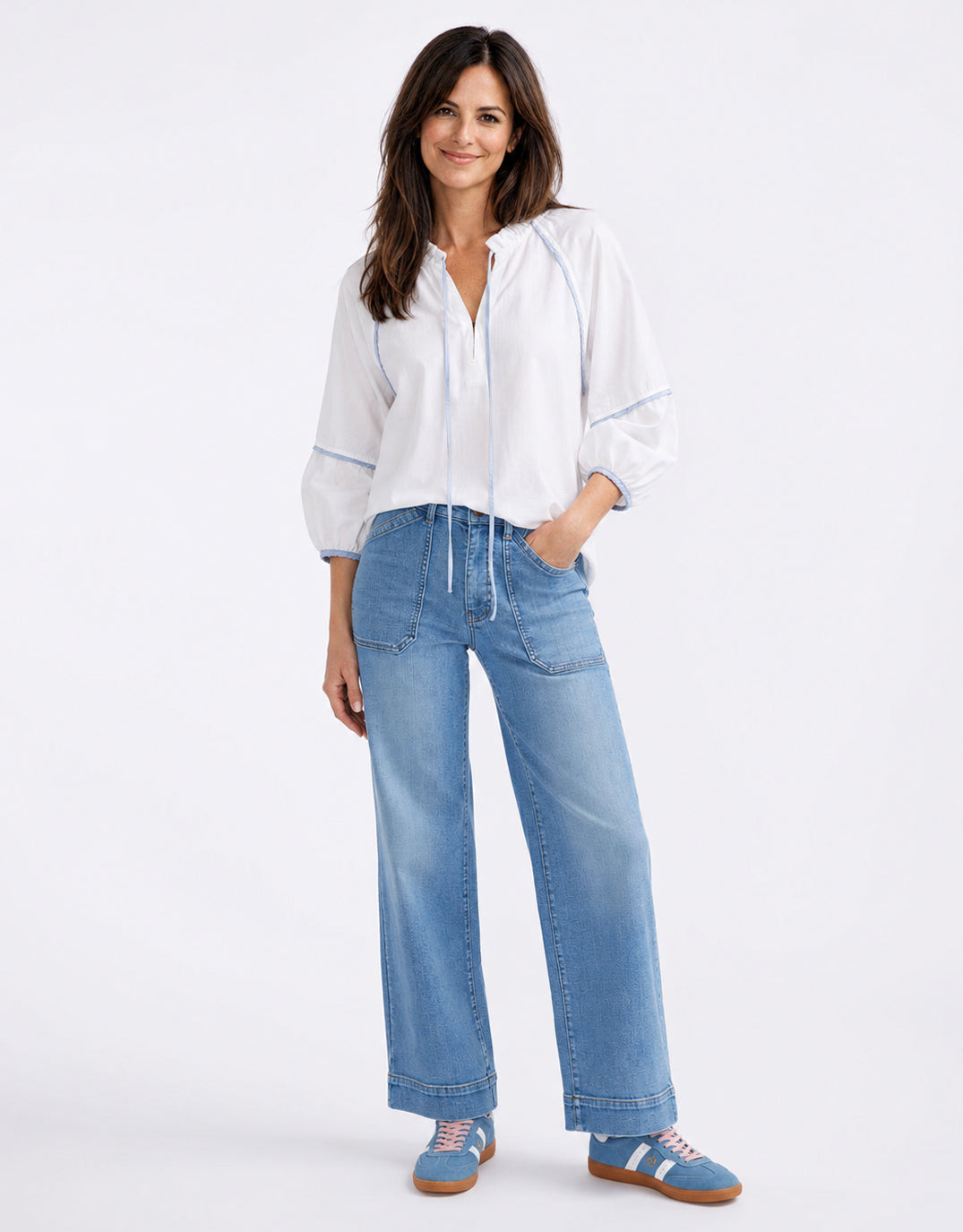 Kireina Joanne Denim Shirt (White/Blue Trim)