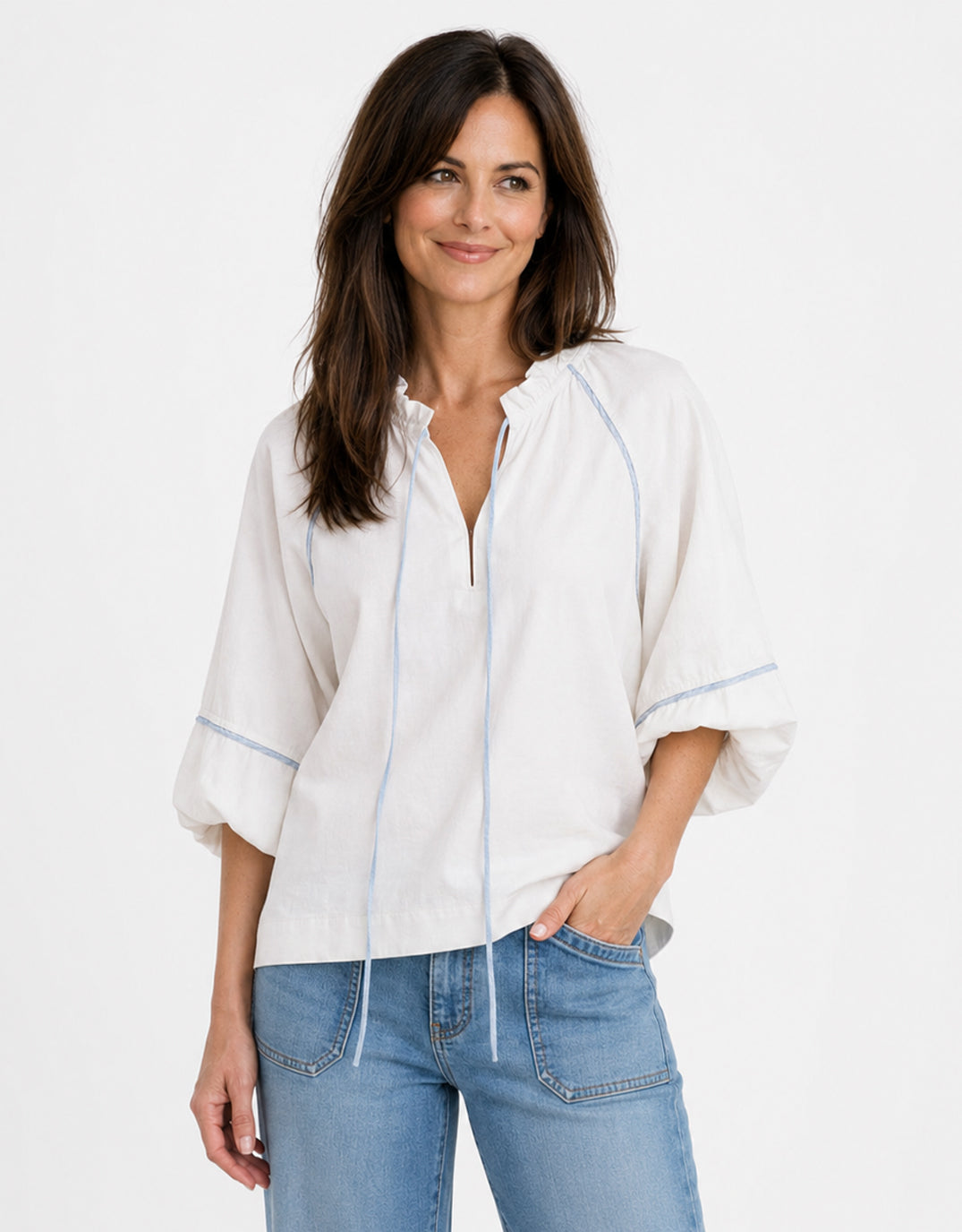 Kireina Joanne Denim Shirt (White/Blue Trim)