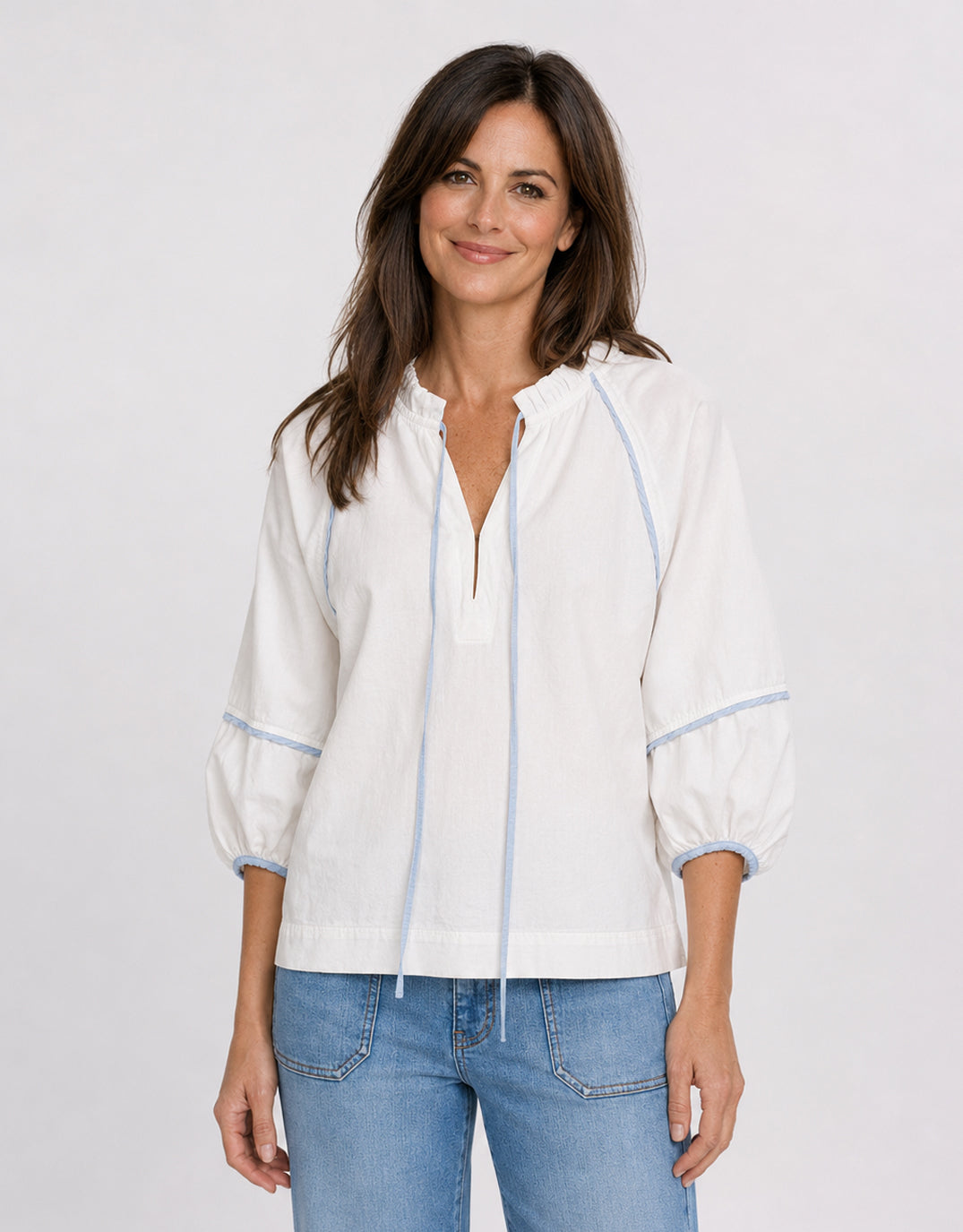 Image of a model wearing Tops. Product name - Joanne Denim Shirt White/Blue Trim in White/Blue Trim colour by brand - Kireina