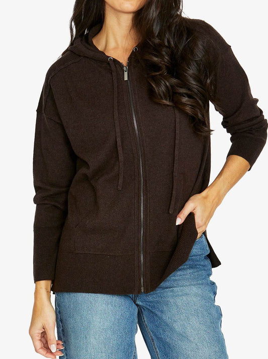 Image of a model wearing Outerwear. Productname: JUMP ZIP THRU CARDI in Dark Chocolate colour by brand - Jump