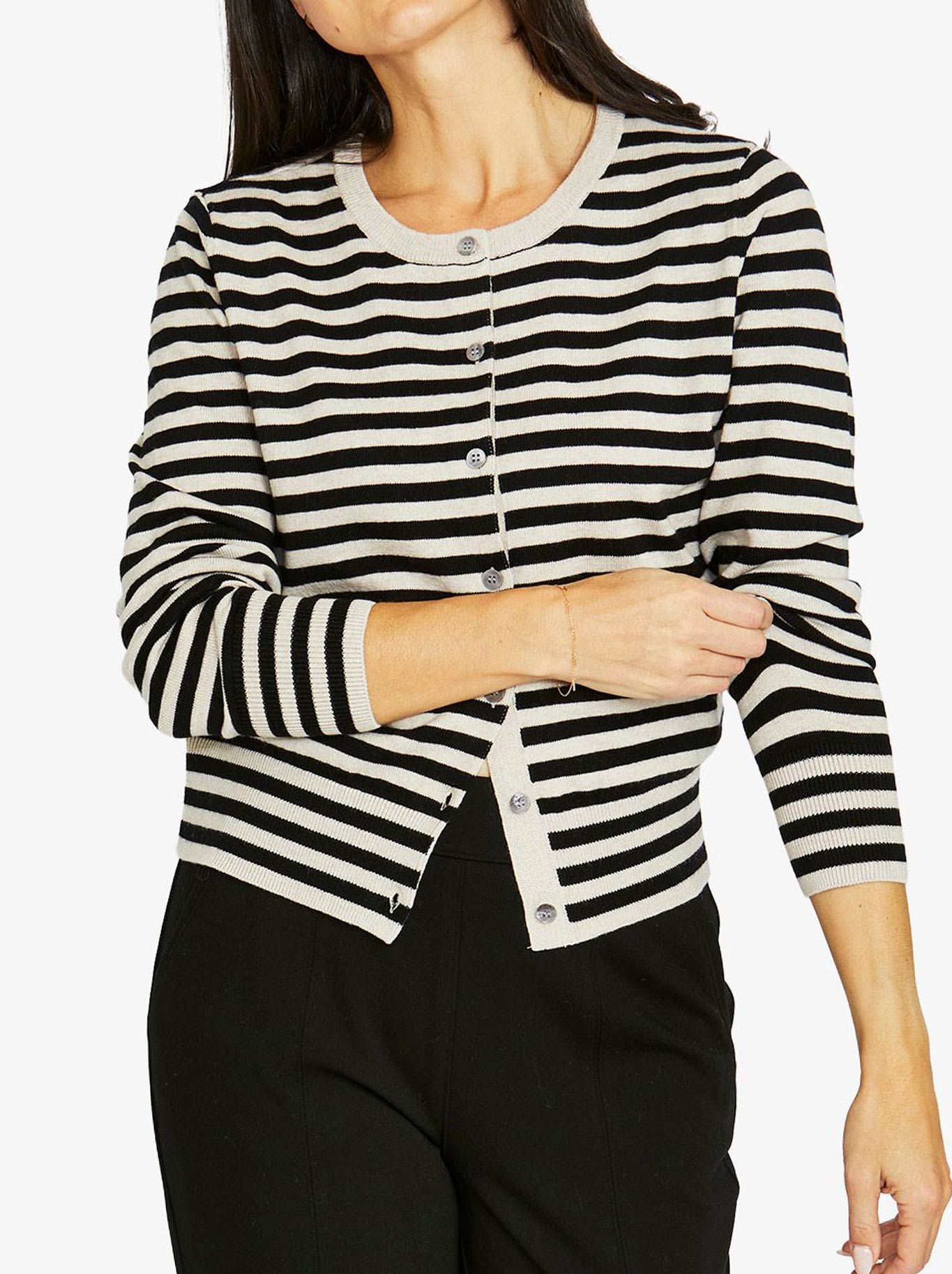 Image of a model wearing Outerwear. Product name - JUMP MONO STRIPE CARDI in Black/Barley colour by brand - Jump