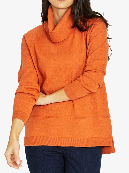 Image of a model wearing Outerwear. Productname: JUMP RAGLAN COWL PULLOVER in Pumpkin colour by brand - Jump