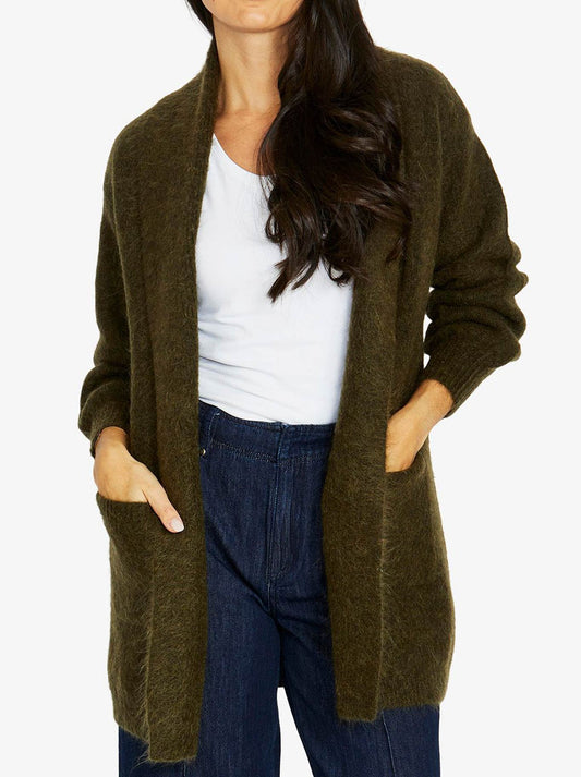 Image of a model wearing Outerwear. Productname: Jump Luxe Long Cardi in Olive colour by brand - Jump