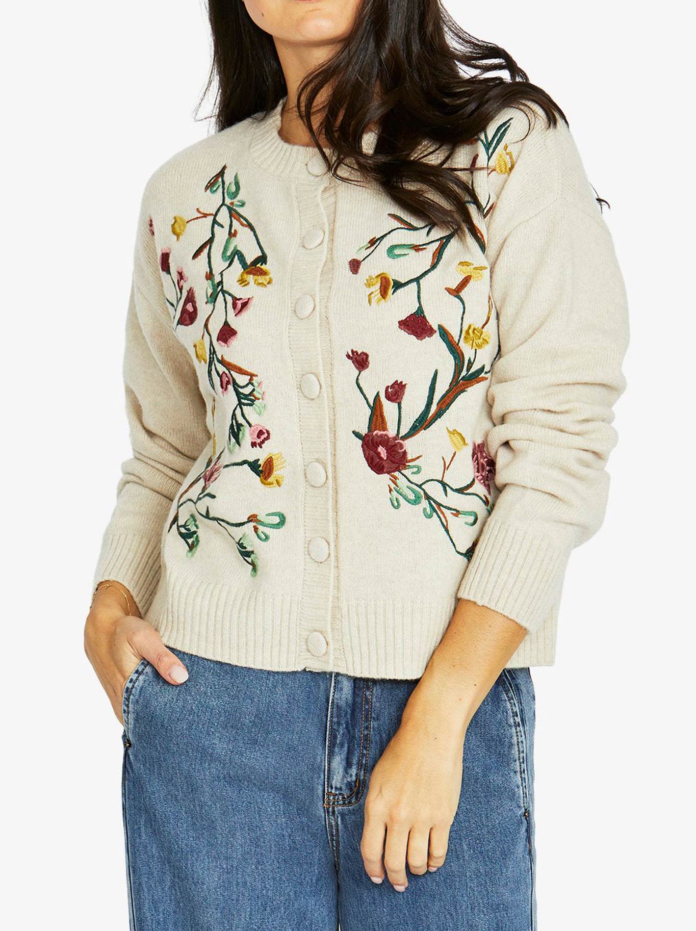 Image of a model wearing Outerwear. Productname: Jump Embroidered Cardigan in Natural colour by brand - Jump