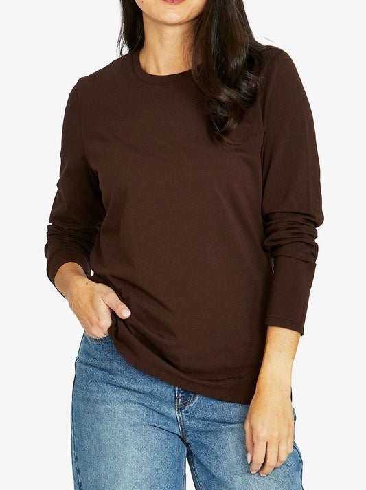 Image of a model wearing Tops. Productname: JUMP CORE CREW LONG SLEEVE TEE in Chocolate colour by brand - Jump