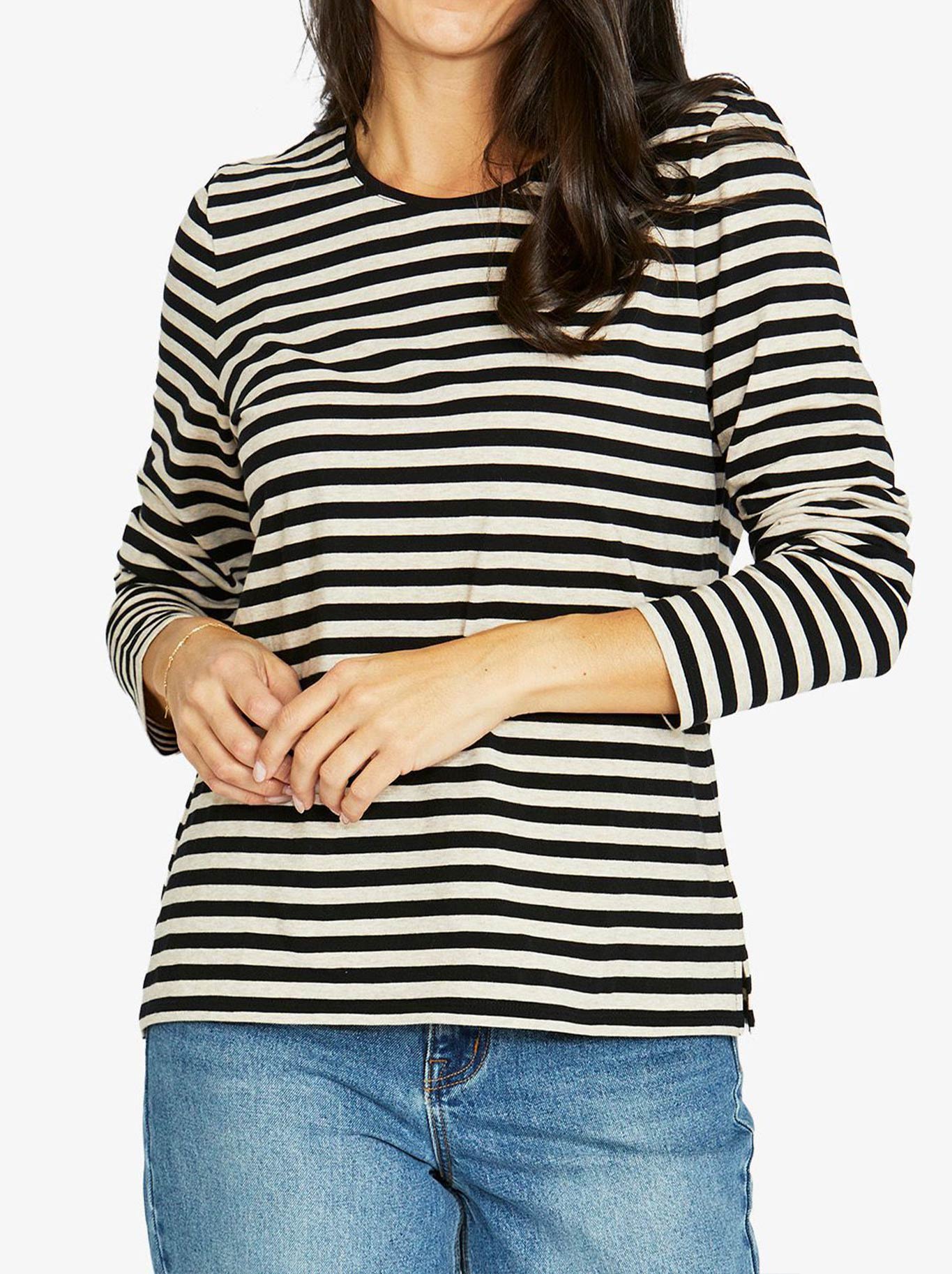 Image of a model wearing Tops. Product name - Jump Stripe Crew Long Sleeve Tee in Black/Barley colour by brand - Jump