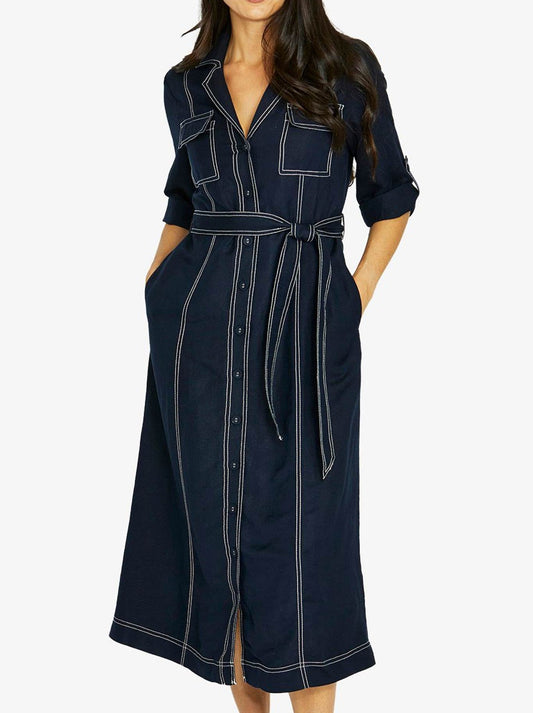 Image of Dresses. Productname: JUMP CONTRAST STITCH TIE DRESS in Navy A colour by brand - Jump