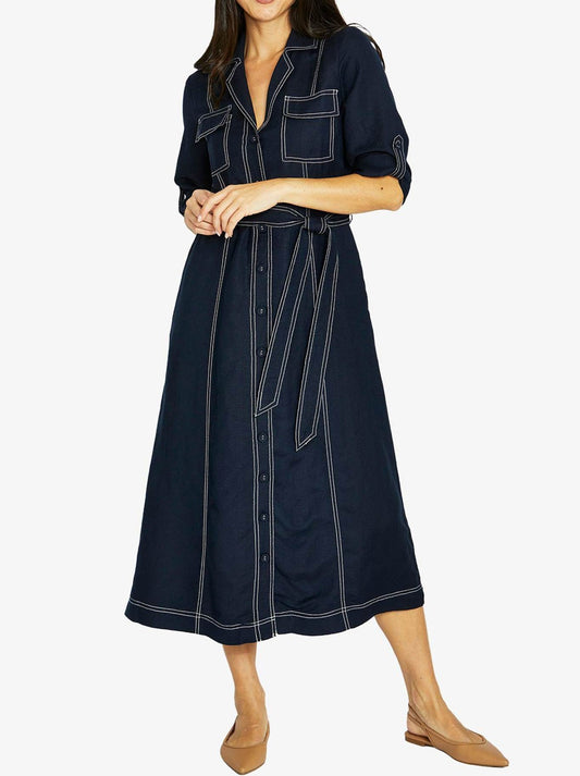 JUMP CONTRAST STITCH TIE DRESS (Navy A)