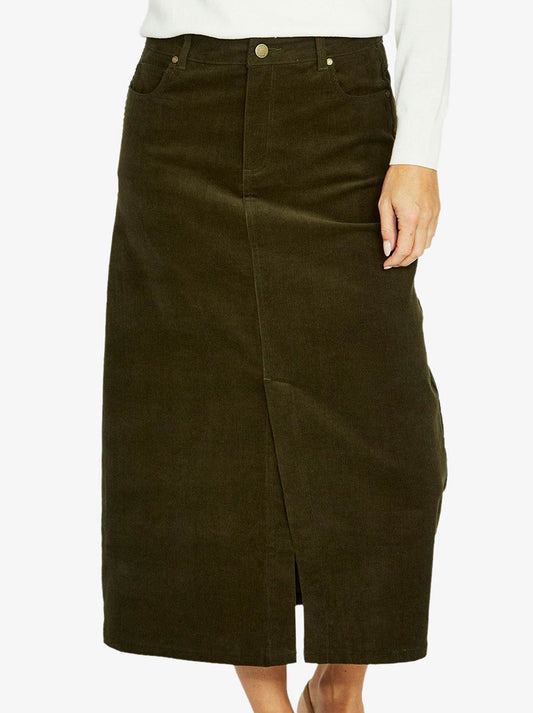 Image of a model wearing Skirts. Product name - Jump Cord Skirt in Khaki colour by brand - Jump