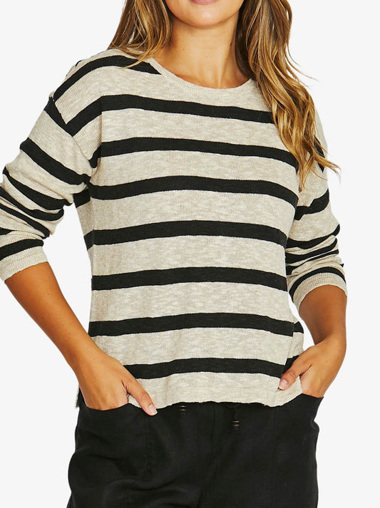 Image of a model wearing Outerwear. Product name - Jump Slub Stripe Pullover in Black/Flax colour by brand - Jump