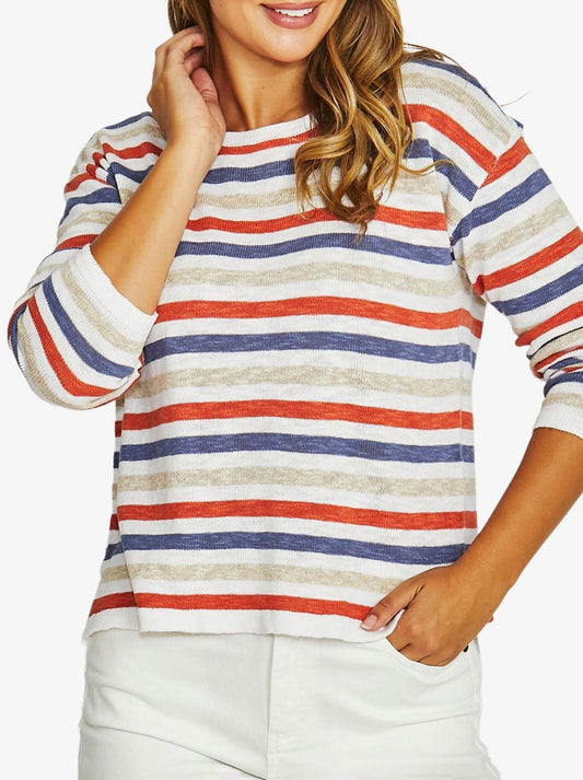 Image of a model wearing Outerwear. Product name - Jump Multi Stripe Pullover in Multi colour by brand - Jump